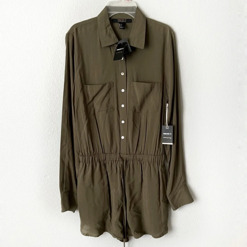ROMPER JUMPSUIT OLIVE GREEN Forever 21 Button Long sleeve Elastic Waist Tie Siz… - Picture 11 of 15